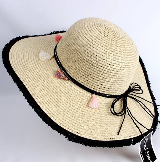 HEAD START  wide brim frayed edge braided sunhat w black band,tie and multi coloured tassels   Style: HS/4479BLK